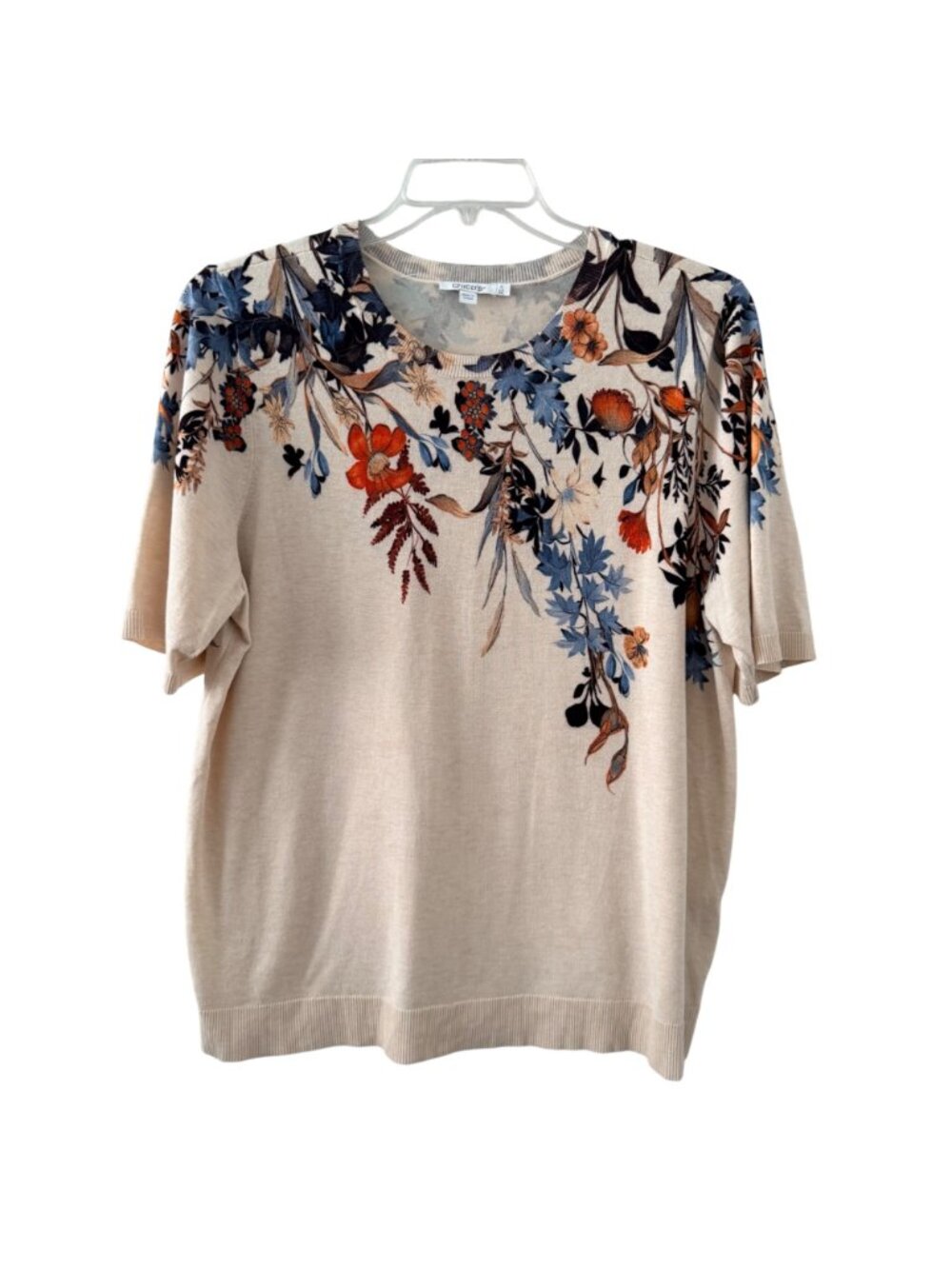 Chicos sweater Sz XXL Floral Print Lightweight Beige Sweater Short Sleeve Rayon - Picture 2 of 12
